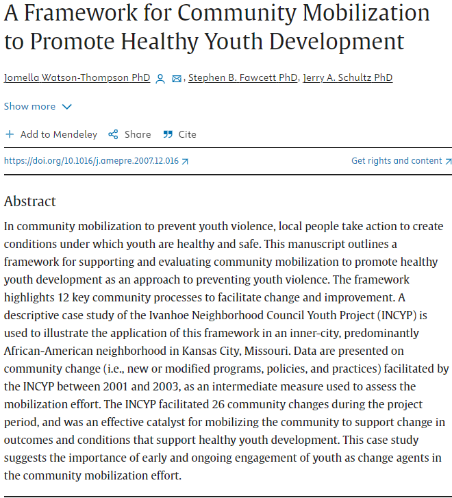 A Framework for Community Mobilization to Promote Health Youth Development